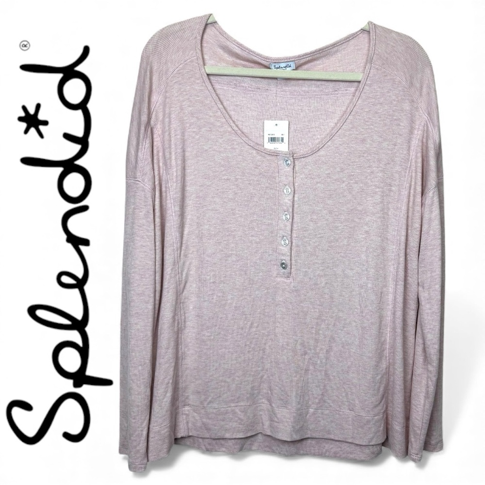 SPLENDID Oversized Pink Ribbed Stretchy Split Trim Henley Top Size Small NEW